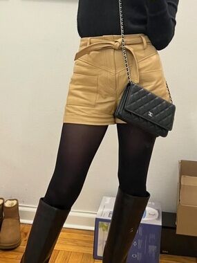 INTERMIX Tan High Waist Leather-Look Belted Shorts